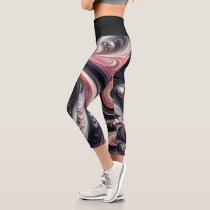 Leggings Capri Arte abstracto moderno con remolinos rosados, negr