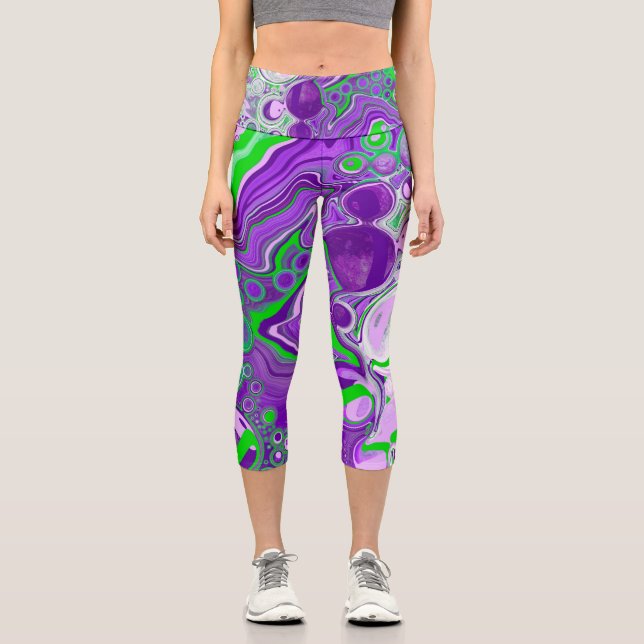Leggings Capri Arte con fluido de mármol verde púrpura y lima (Anverso)