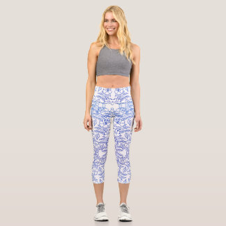 Leggings Capri Arte de diseño de estampado floral azul