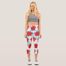 Leggings Capri Arte de Flor Rosa Rojo