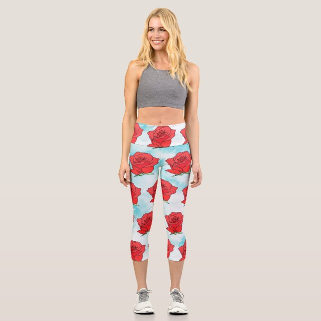 Leggings Capri Arte de Flor Rosa Rojo (Anverso)