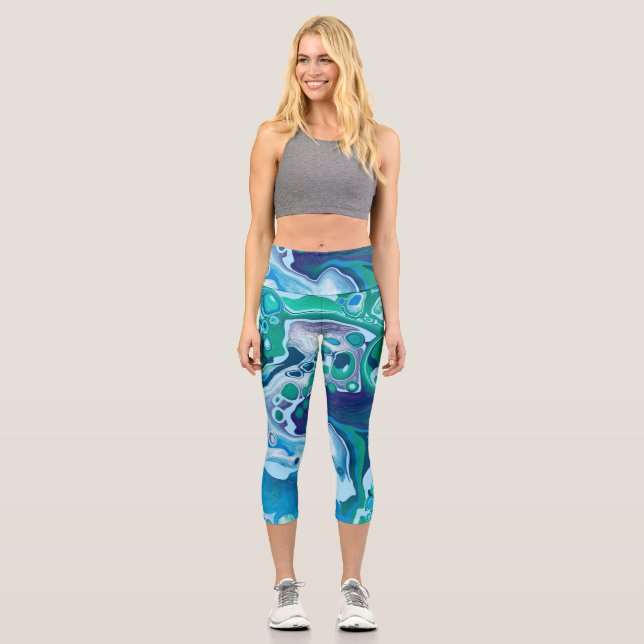 Leggings Capri Arte de fluido digital de mármol verde azul (Anverso)