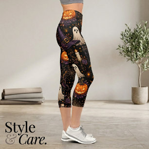 Leggings Capri Arte de patrón de calabaza y fantasma para Noche d