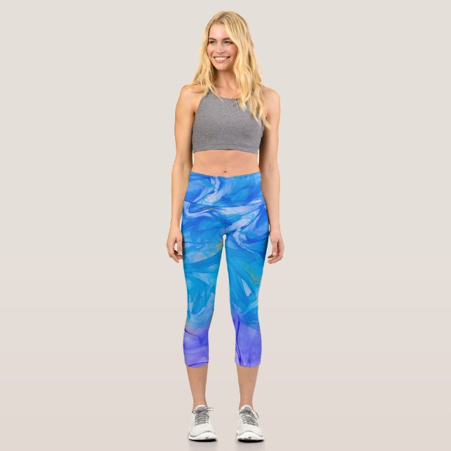 Leggings Capri Arte de tinta de alcohol azul (Anverso)