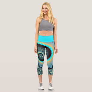 Leggings Capri Arte en espiral fractal abstracto azul turquesa na