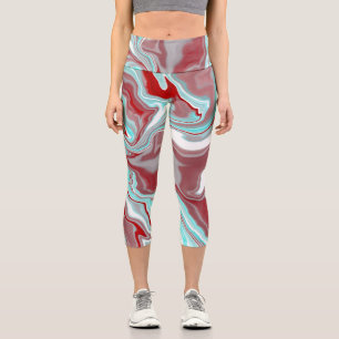 Leggings Capri Arte fluido digital de mármol verde azulado y borg