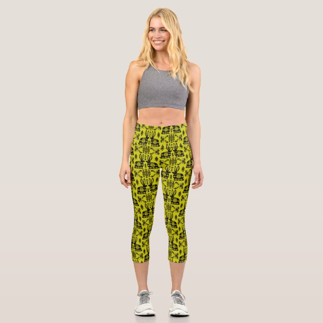 Leggings Capri Arte folclórico nórdico escandinavo conejo (Anverso)