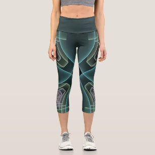Leggings Capri Arte gráfico geométrico fractal teal moderno