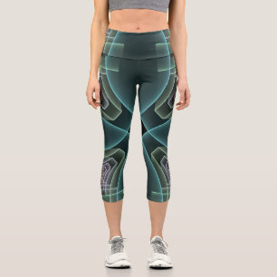 Leggings Capri Arte gráfico geométrico fractal teal moderno