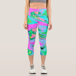 Leggings Capri Arte líquido rosa retro y azul claro en hortensia