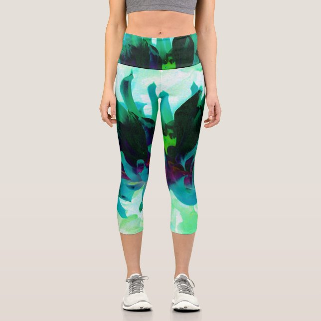 Leggings Capri Asombroso Cactus Verde azulado y Negro Dahlia (Anverso)