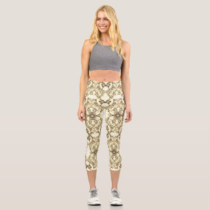 Leggings Capri Aspecto de encaje de flores Sepia dorada