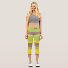 Leggings Capri Asymmetric Stripes Lines Brown Yellow Green