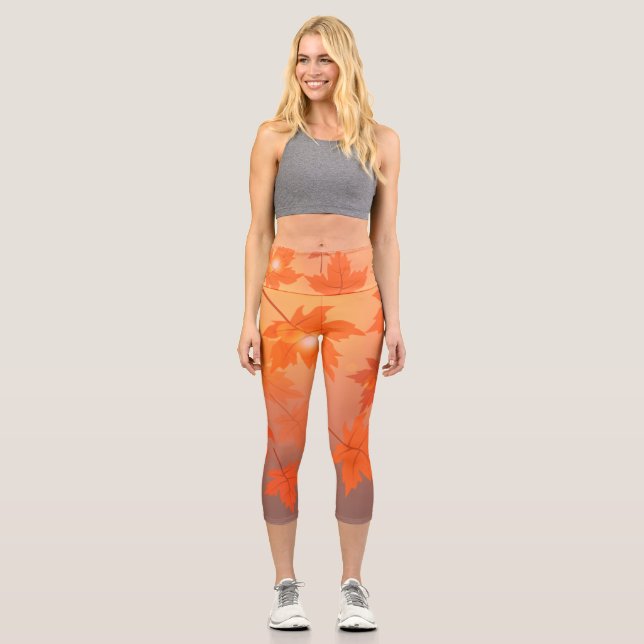 Leggings Capri Autumn design with maple leaves and bokeh effect   (Anverso)