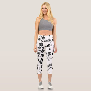 Leggings Capri Aves con motivos blancos y negros en flores de cer