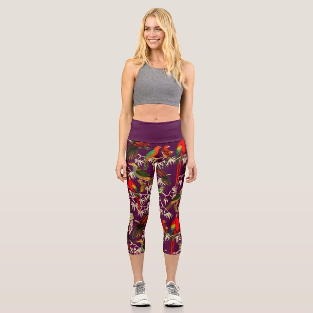 Leggings Capri Aves de época del paraíso morado (Anverso)
