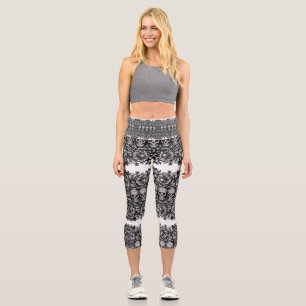 Leggings Capri Azúcar Calavera Gótica Floral Negro y Blanco