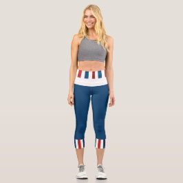 Leggings Capri Azul con rojo, blanco, franjas azules Capris deste