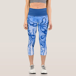 Leggings Capri Azul de las flores entrelazadas abstractas