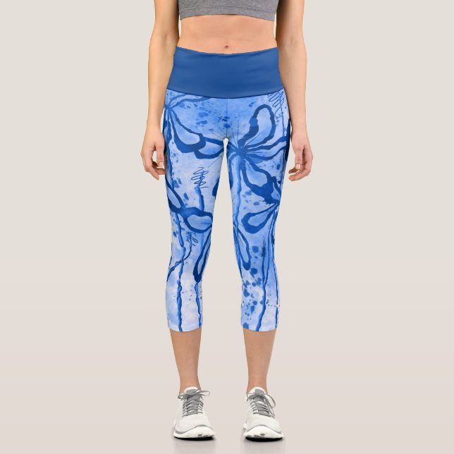 Leggings Capri Azul de las flores entrelazadas abstractas (Anverso)