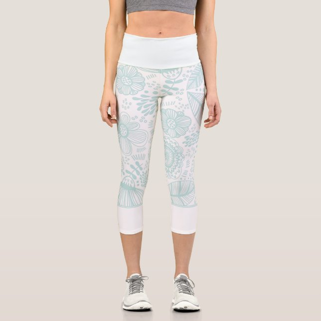 Leggings Capri azul pastel delicado de circunferencia floral (Anverso)
