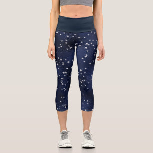 Leggings Capri Azul Profundo Con Patrón De Estrellas De Plata
