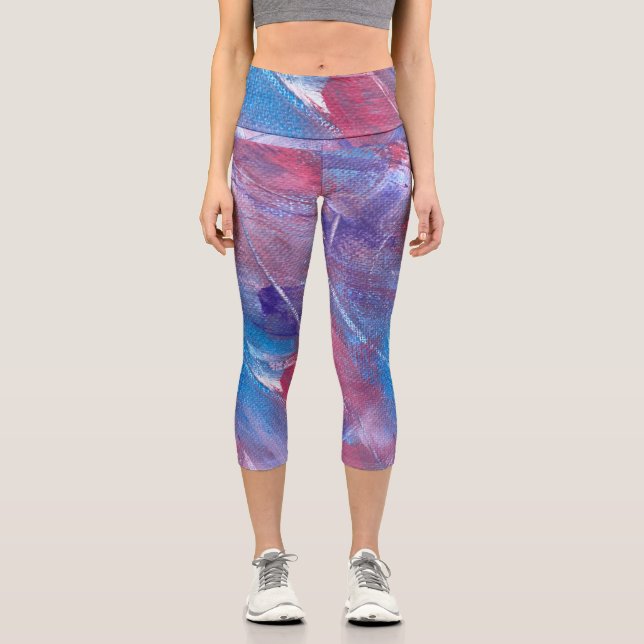 Leggings Capri Azul Púrpura Abstrato Azul Rosa Capris De Alto Des (Anverso)