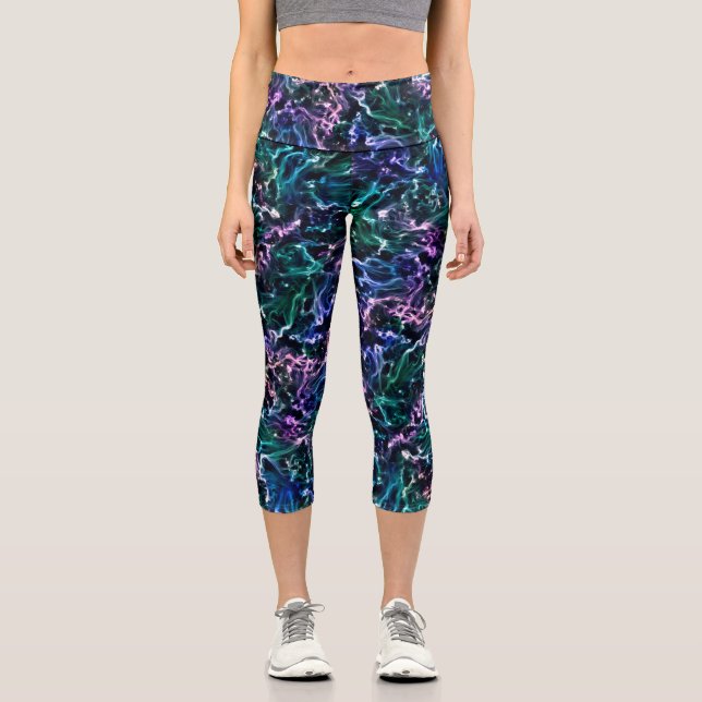 Leggings Capri Azul rosa Verde azulado Resumen Cósmico Brillo Flu (Anverso)
