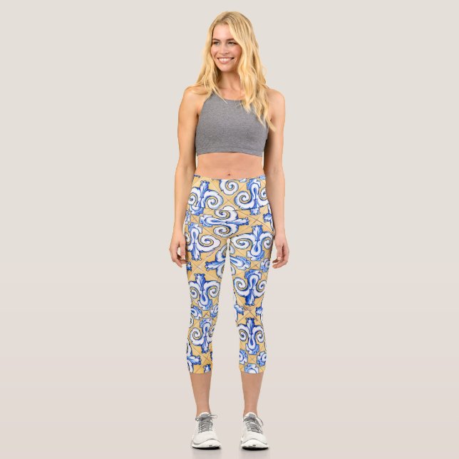 Leggings Capri Azulejo azul, amarillo y blanco (Anverso)