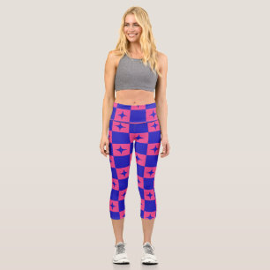 Leggings Capri Azulejo de Cuadros Azules y Rosados con Patrón de