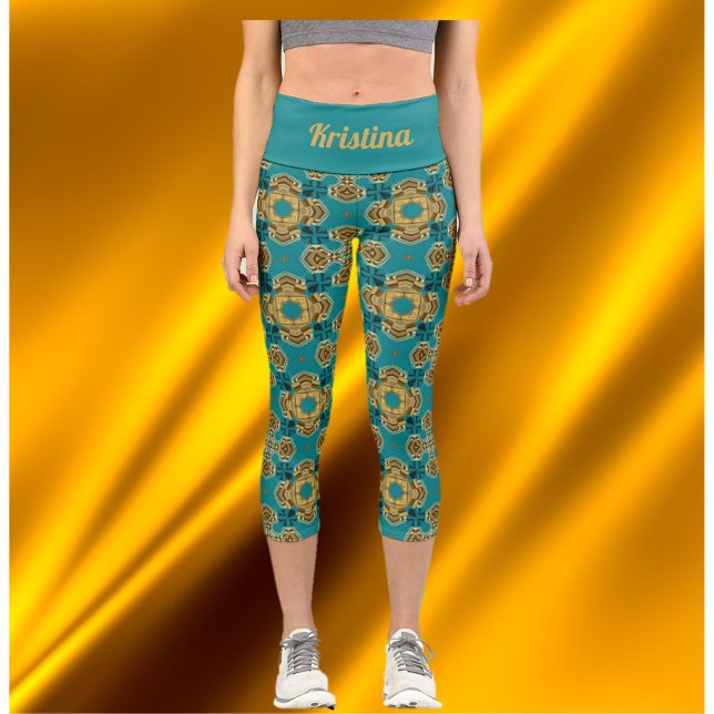 Leggings Capri Baldosas marroquíes Boho Blue y Gold (Subido por el creador)