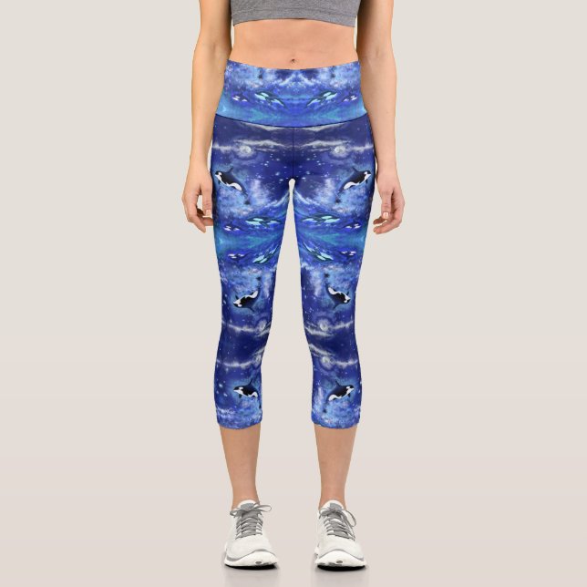 Leggings Capri Ballenas asesinas con piernas Capri de luna azul (Anverso)