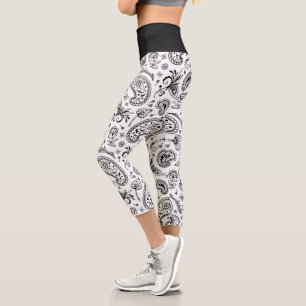 Leggings Capri Bandana Paisley Genial de Blanco y Negro