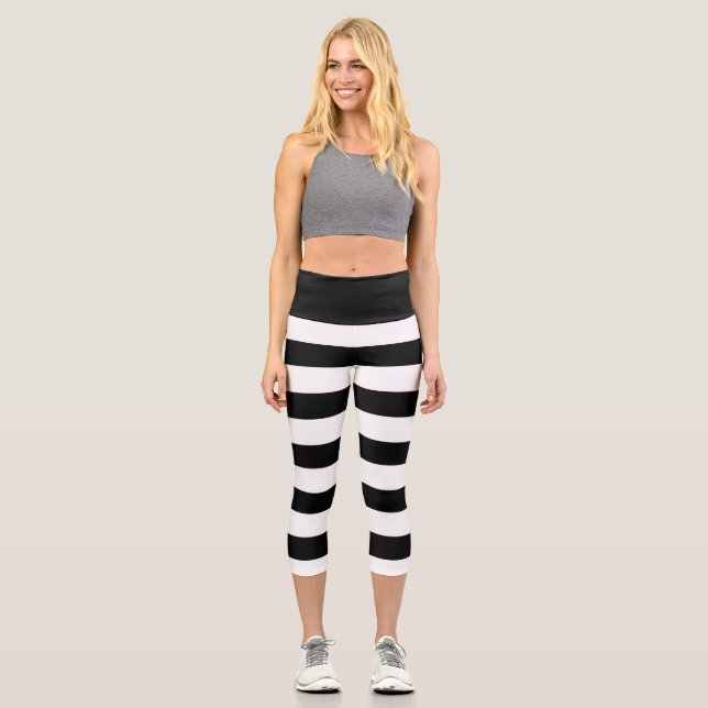 Leggings Capri Bandas Blancas Y Negros De Estilo Cubierto (Anverso)