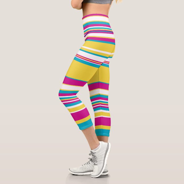 Leggings Capri Bandas complejas: turquesa, amarilla, rosa y blanc (Izquierda)