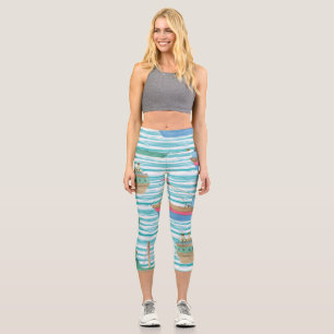 Leggings Capri Bandas De Barco: Patrón De Pintura De Acuarela.