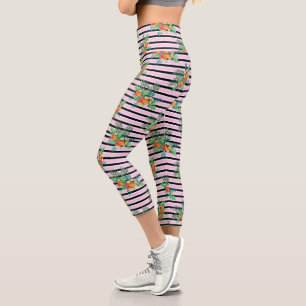 Leggings Capri Bandas florales negras y rosas