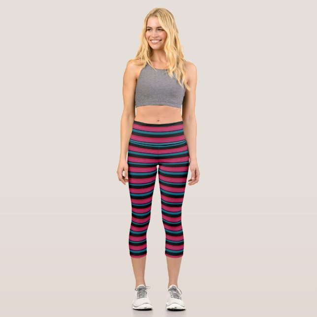 Leggings Capri Bandas rosadas negras y cortas (Anverso)