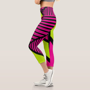 Leggings Capri Bandas triangulares en verde limón, rosa caliente 