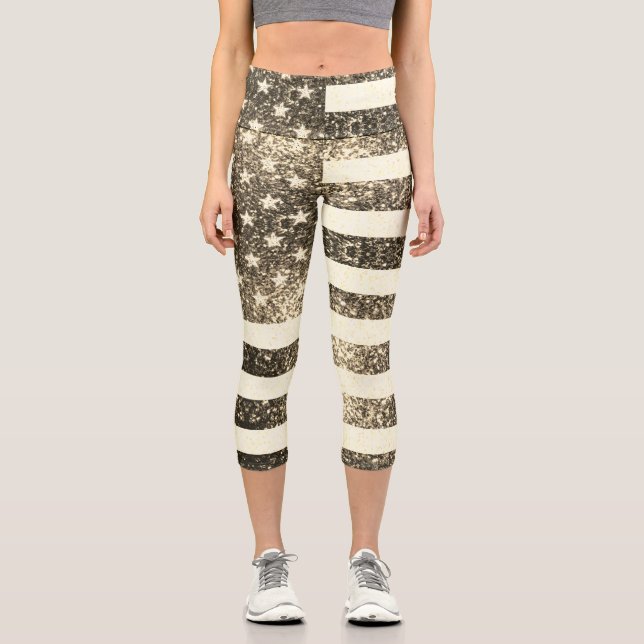 Leggings Capri Bandera de Estados Unidos Sepia de oro ruso Sparkl (Anverso)