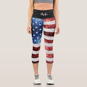 Leggings Capri bandera de los Estados Unidos azul rojo brillante 