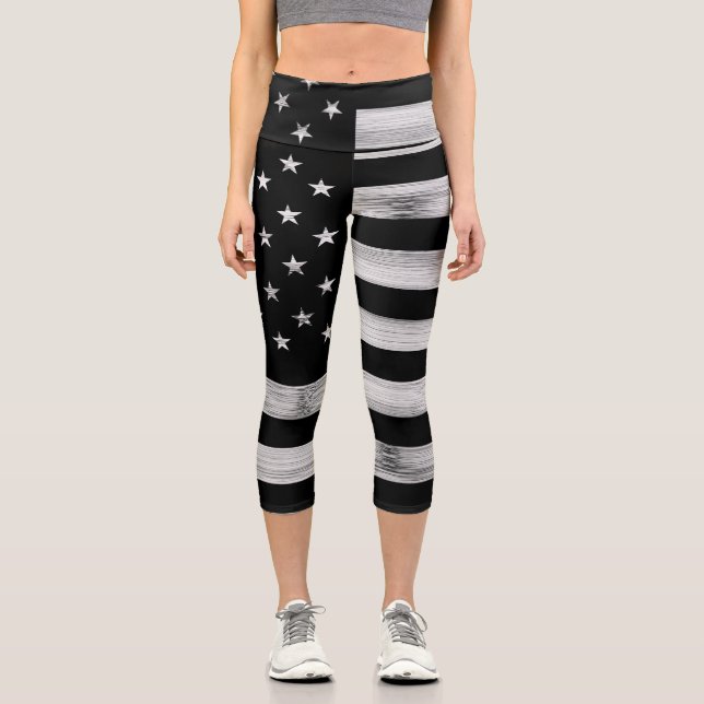 Leggings Capri Bandera estadounidense Rustic Wood Black White Pat (Anverso)
