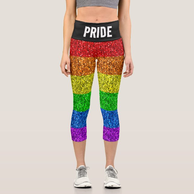 Leggings Capri Bandera LGBT purpurina de arco iris vibrante Perso (Anverso)