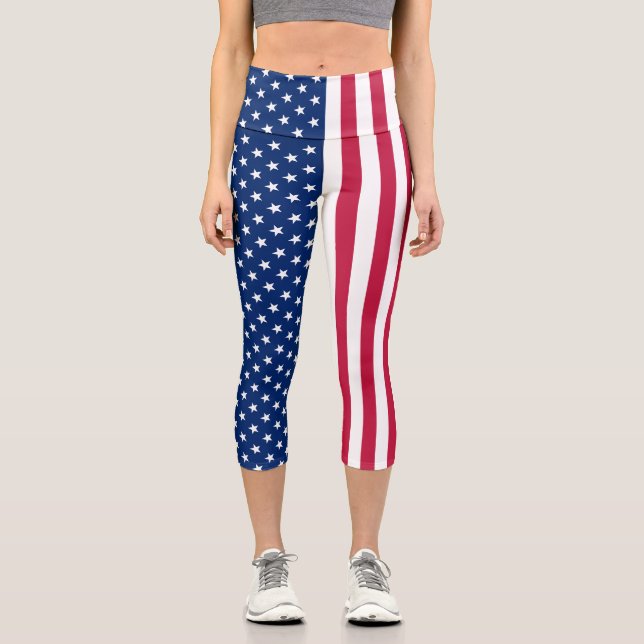 Leggings Capri Bandera Patriótica EEUU Bandera Roja Blanco Estrel (Anverso)