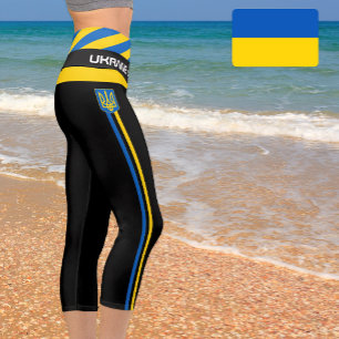 Leggings Capri Bandera ucraniana, Emblem y Ucrania moda /negro