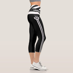 Leggings Capri Bandera ucraniana, Emblem y Ucrania - Negro / Blan