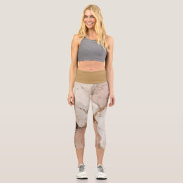 Leggings Capri Beige and White Marble Abstract design 