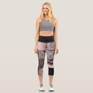 Leggings Capri Black and Light Pink Patchwork Lace Design