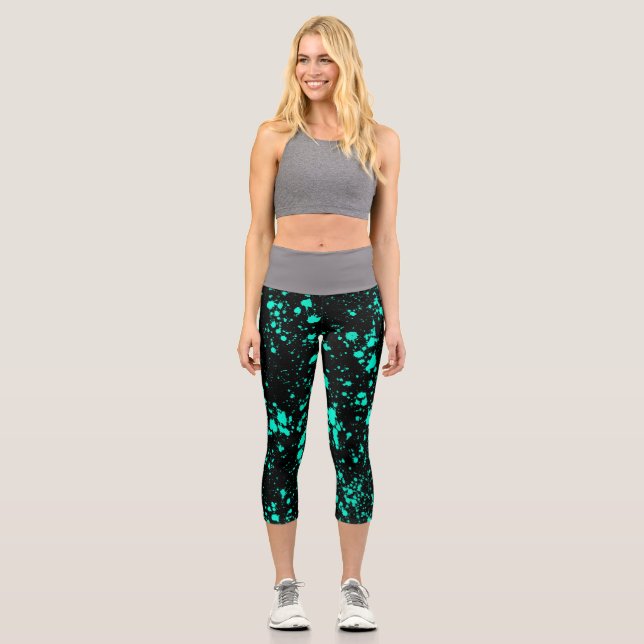 Leggings Capri Black Mint Paint Splatter Artistic Splash Creative (Anverso)