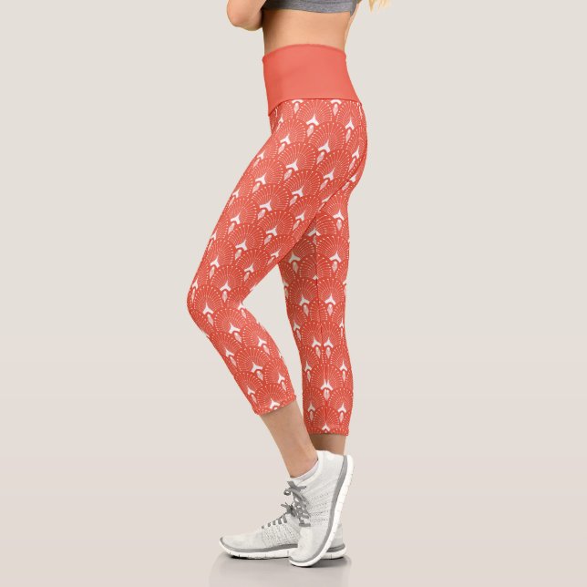 Leggings Capri Blanco sobre el patrón artístico-deco naranja (Izquierda)
